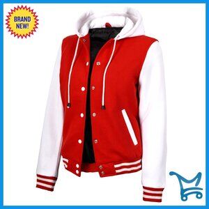 Fleece Hooded Varsity Bomber Jacket Women's Regular Fit Letterman Style